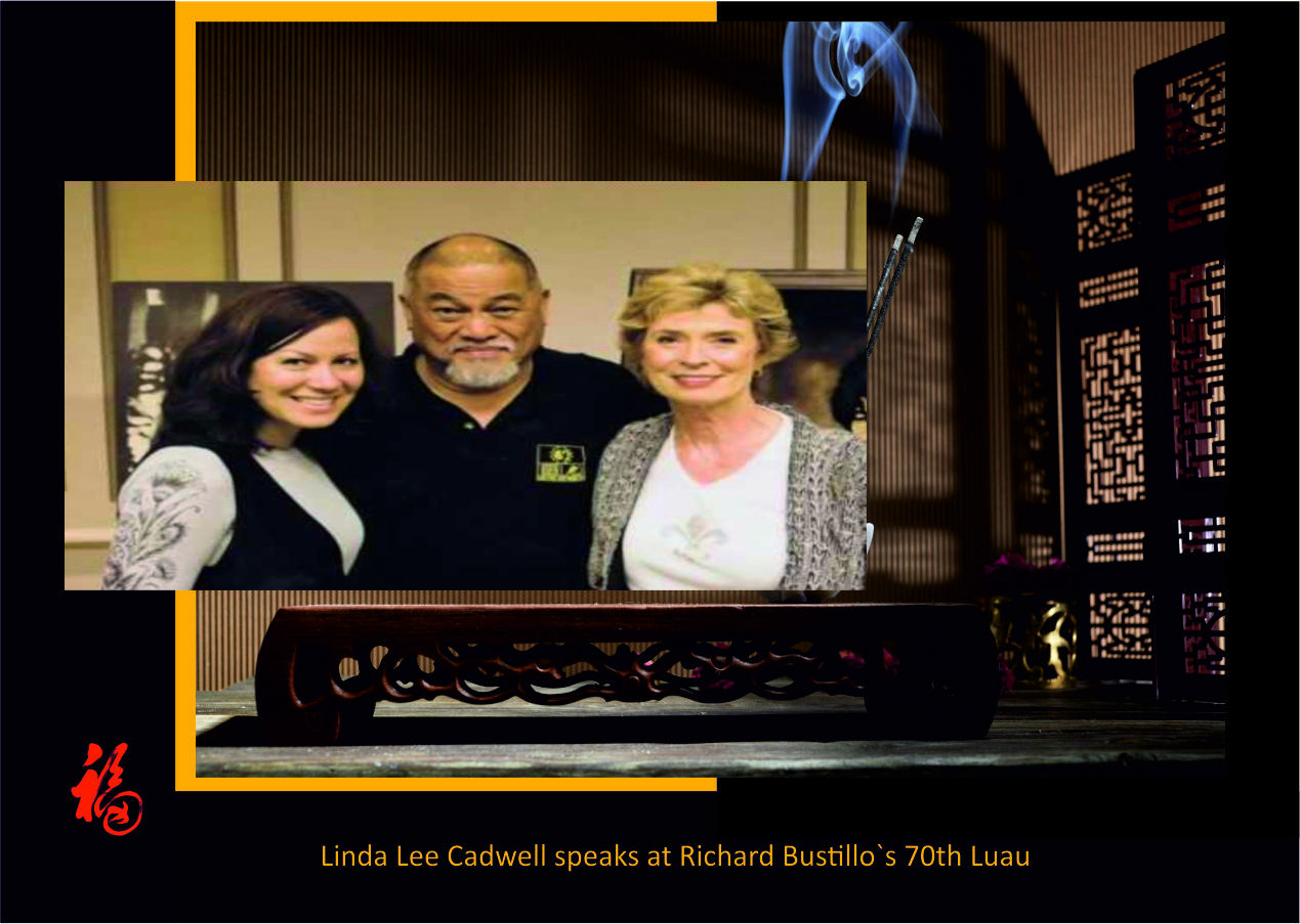 Linda Lee Cadwell speaks at Richard Bustillo's 70th Luau